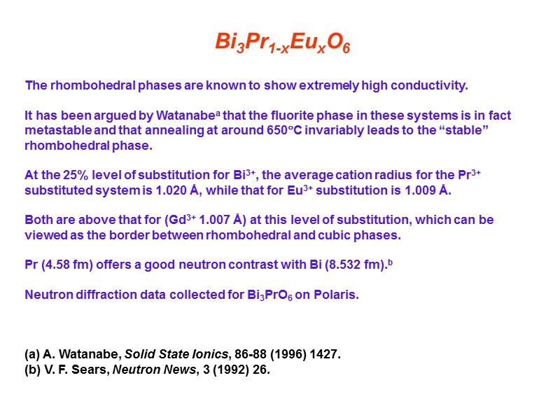 Bi3Pr1-xEuxO6 The rhombohedral phases are known to show extremely high conductivity.   It